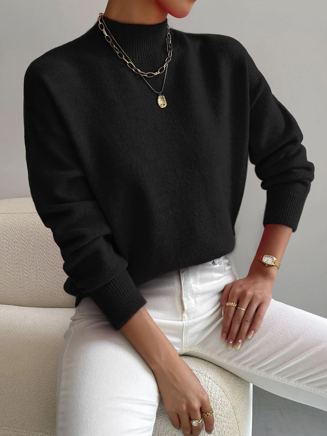 Women's Slim Fit Roll Neck Jumper | Soft Knit Warm Drape Close Up