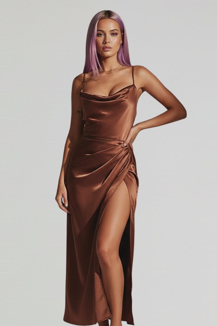 Women's Slim Strap Draped Dress | Fitted Waist with Side Slit Back