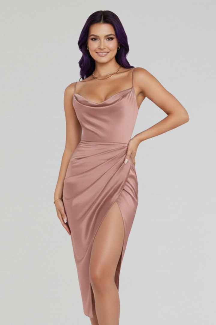 Women's Slim Strap Draped Dress | Fitted Waist with Side Slit Close Up