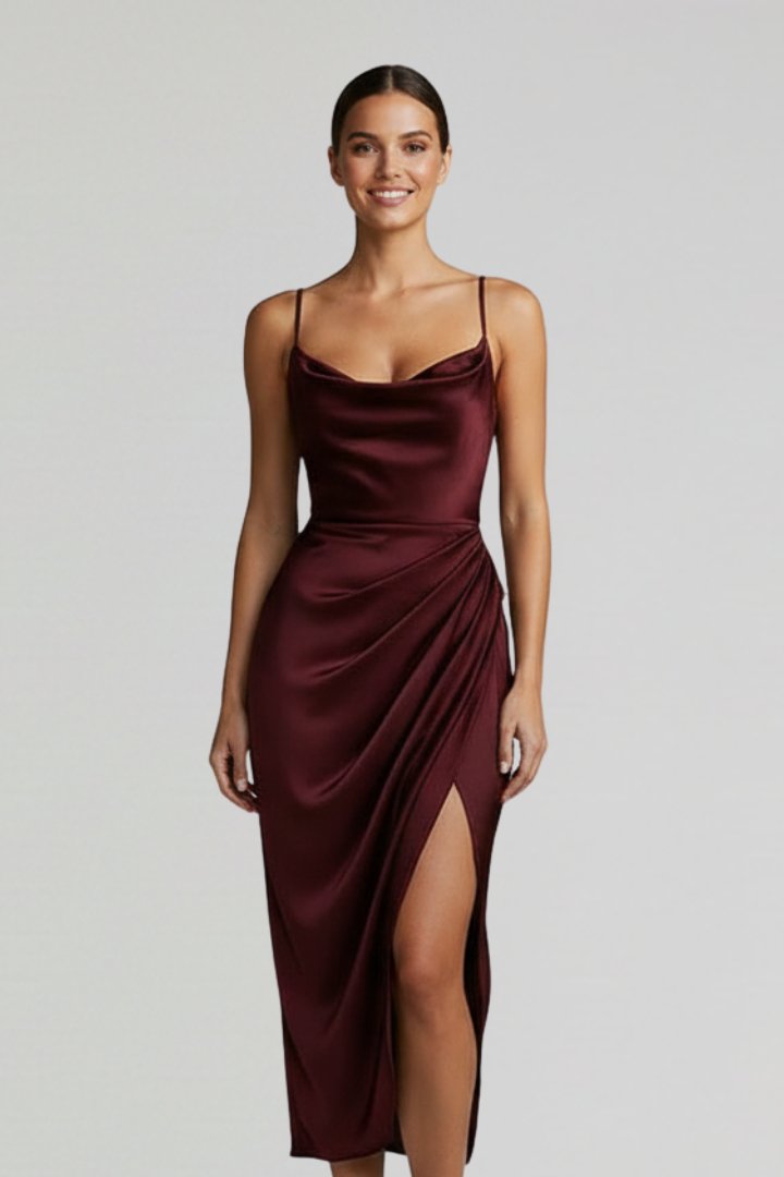 Women's Slim Strap Draped Dress | Fitted Waist with Side Slit Lifestyle