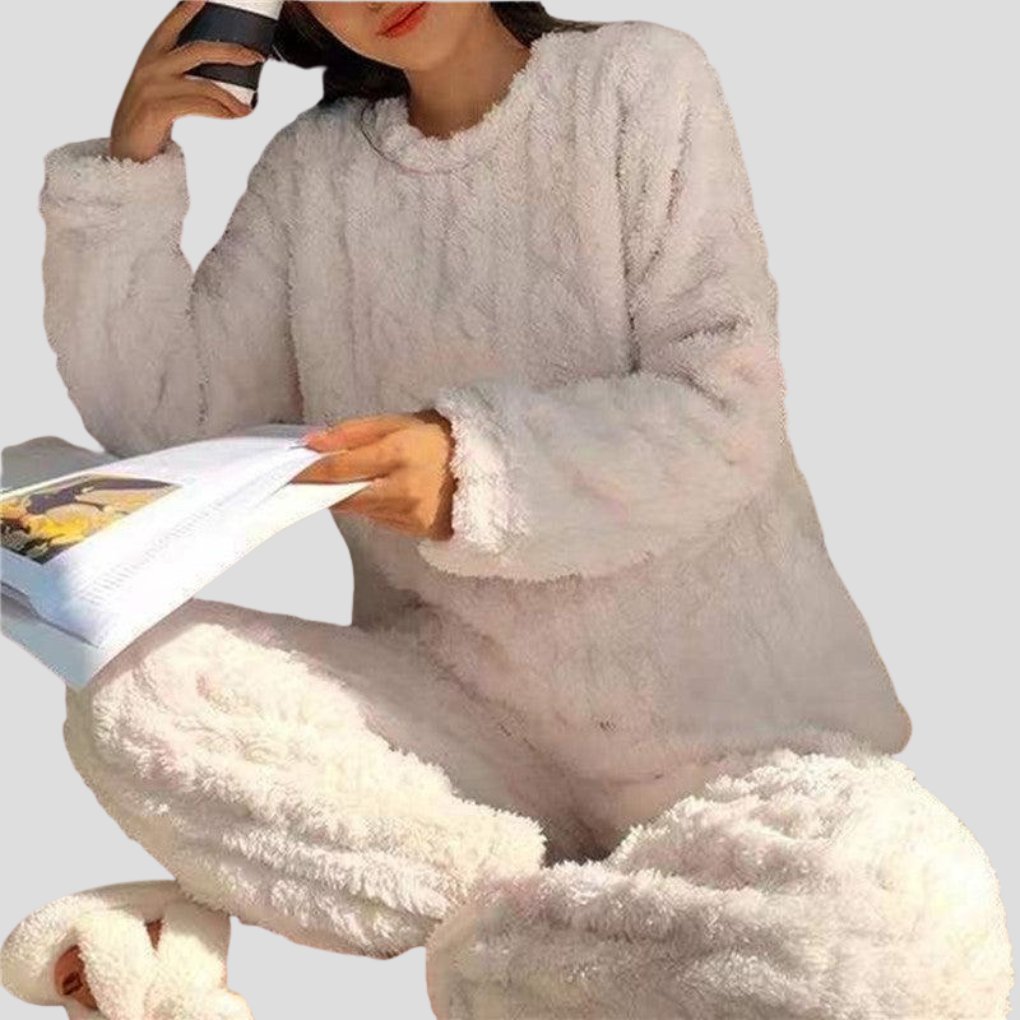 Women's Soft Fleece Pajama Set | Textured Knit Lounge Fit Detail