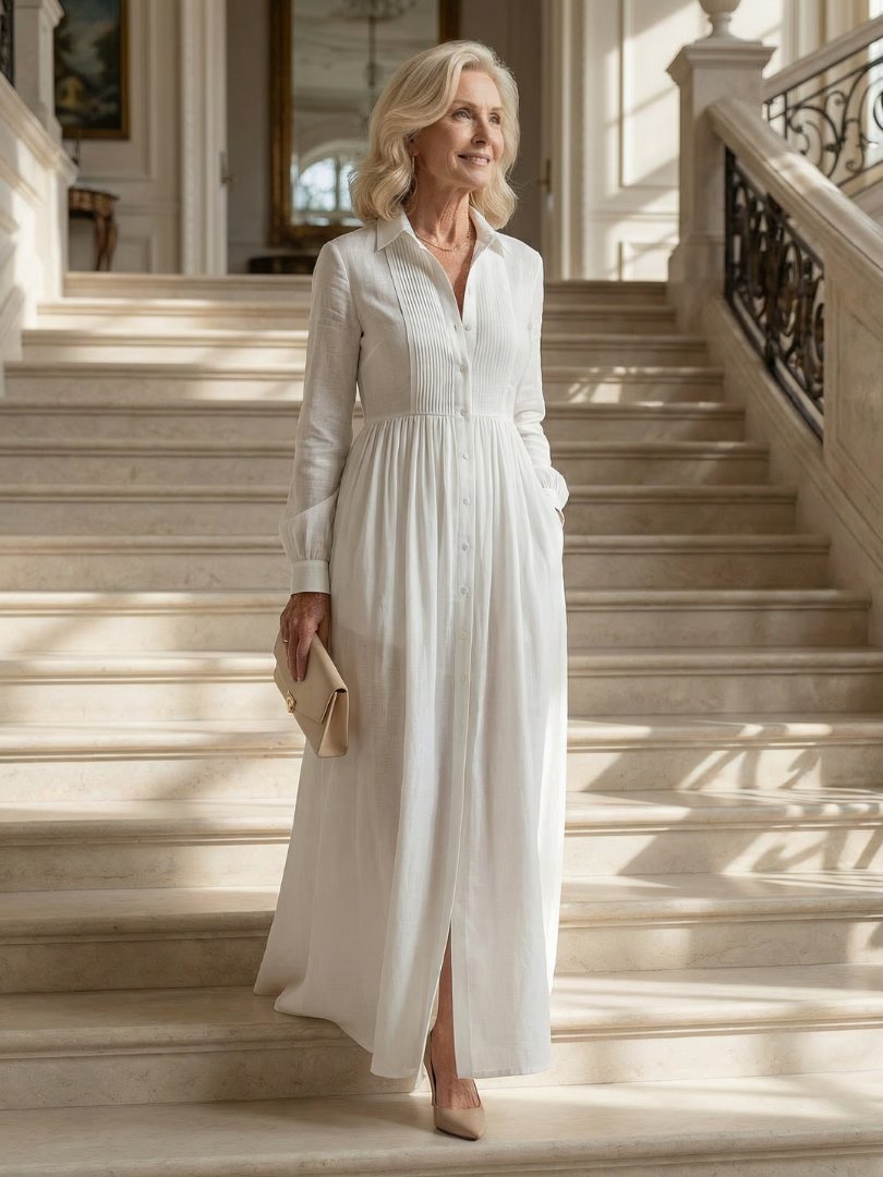 Women's Soft Flow Maxi Dress | Long Sleeve Pintuck Bodice Back