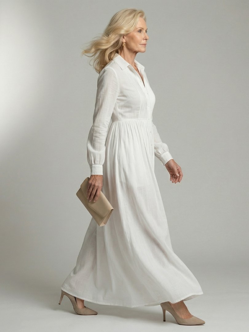 Women's Soft Flow Maxi Dress | Long Sleeve Pintuck Bodice Front
