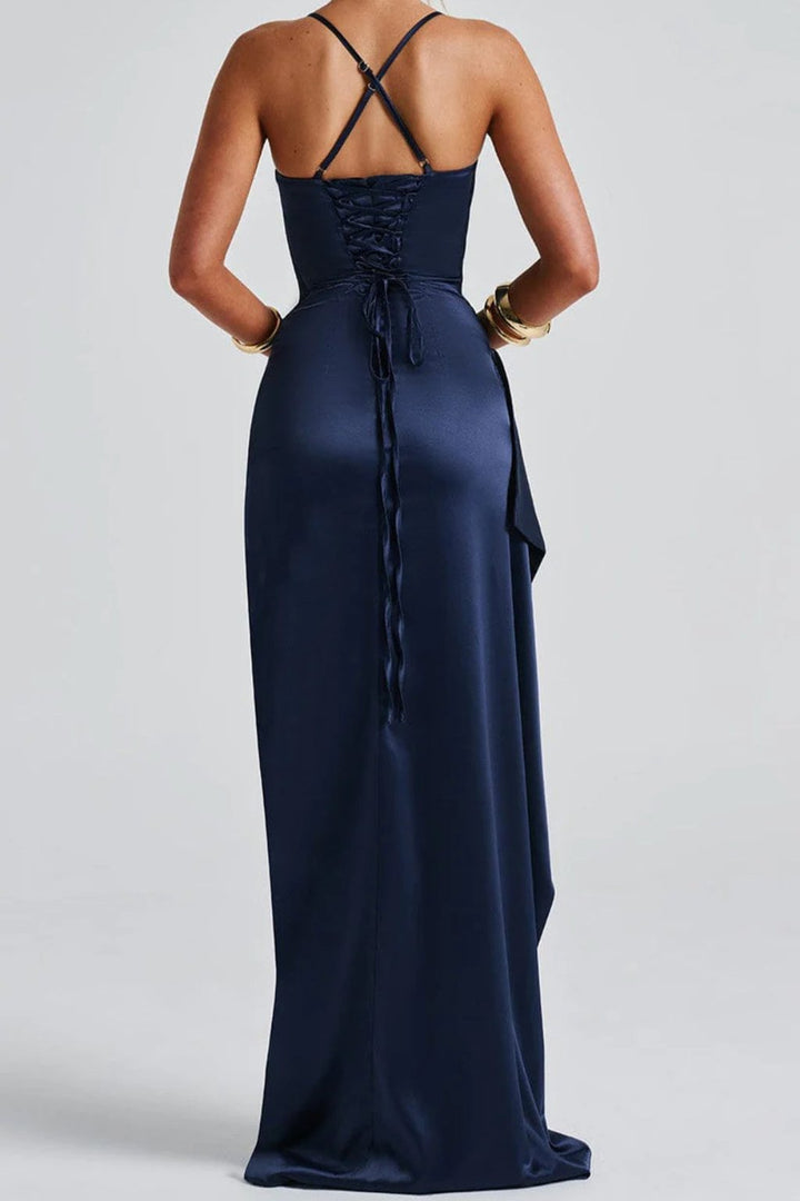 Women's Spaghetti Strap Maxi High Slit Wedding Guest Dress | Ruched Waist Back