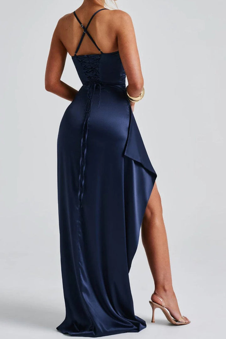 Women's Spaghetti Strap Maxi High Slit Wedding Guest Dress | Ruched Waist Detail