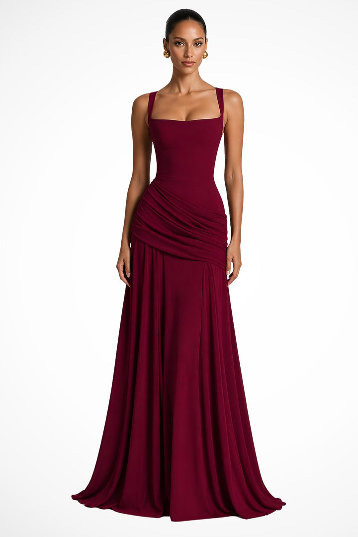 Women's Square Neck Ruched Maxi Dress | Wedding Guest with Side Slit Back