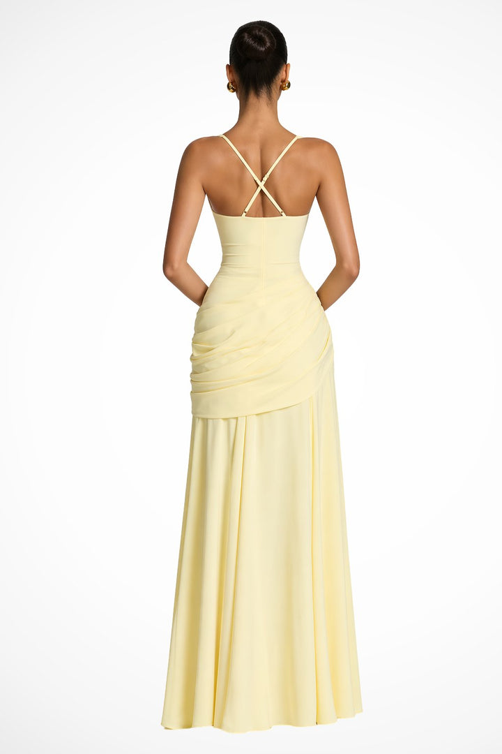 Women's Square Neck Ruched Maxi Dress | Wedding Guest with Side Slit Detail