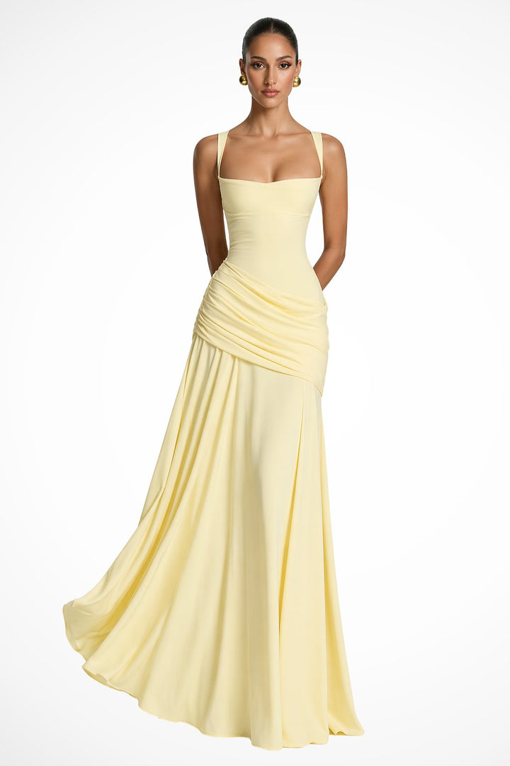 Women's Square Neck Ruched Maxi Dress | Wedding Guest with Side Slit Front