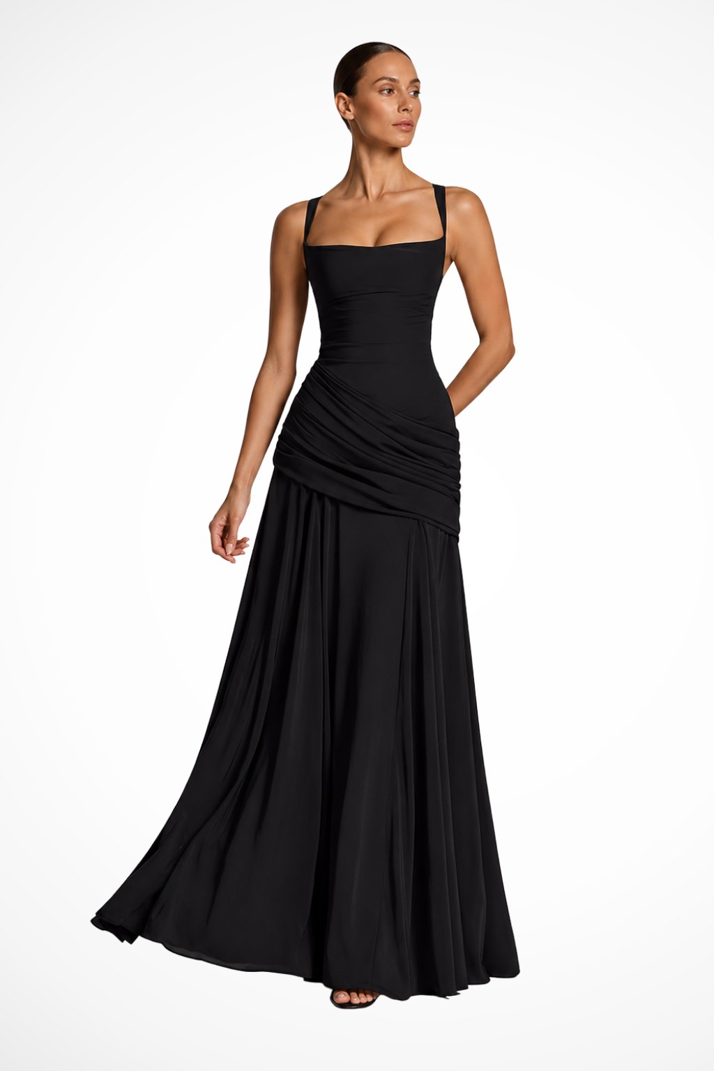 Women's Square Neck Ruched Maxi Dress | Wedding Guest with Side Slit Hero