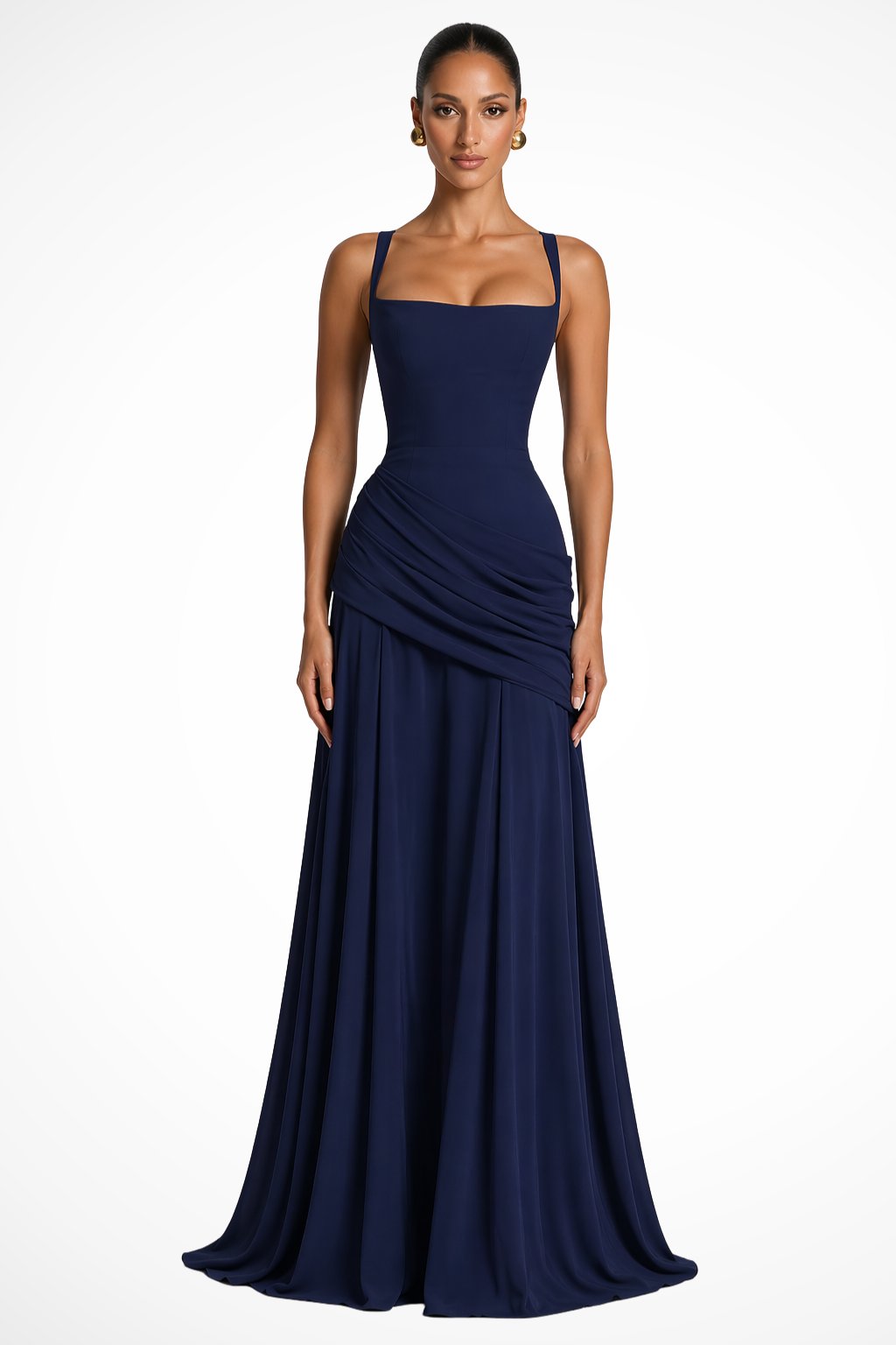 Women's Square Neck Ruched Maxi Dress | Wedding Guest with Side Slit Side