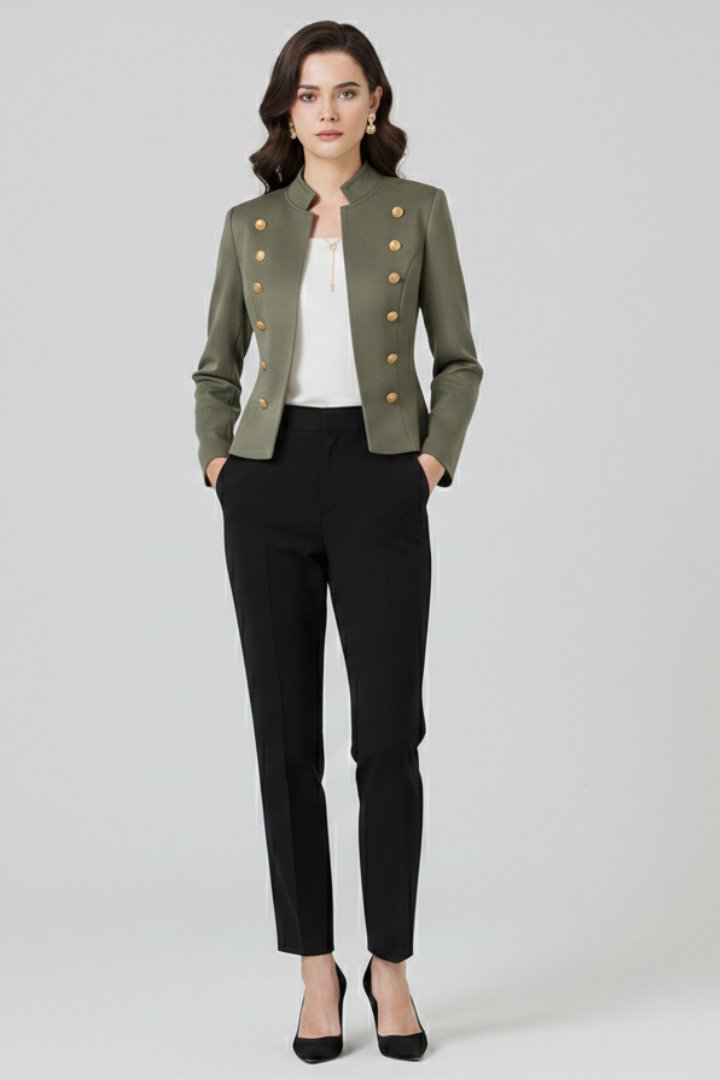 Women's Stand Collar Button Blazer | Military Double-Breasted Fit Angle