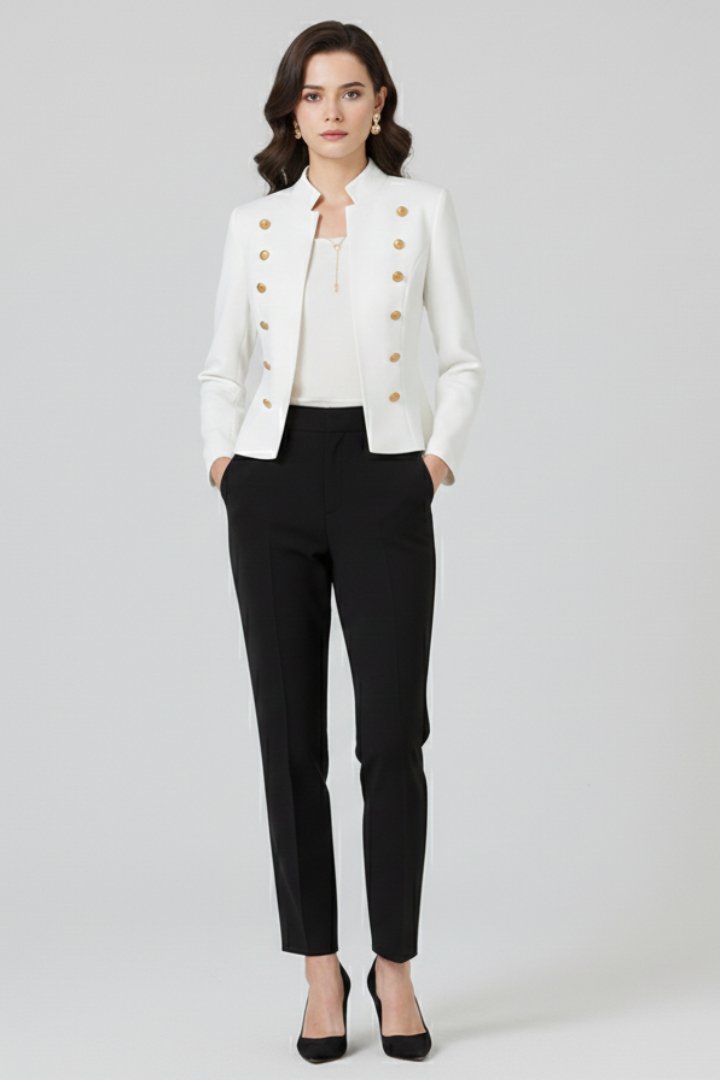 Women's Stand Collar Button Blazer | Military Double-Breasted Fit Close Up