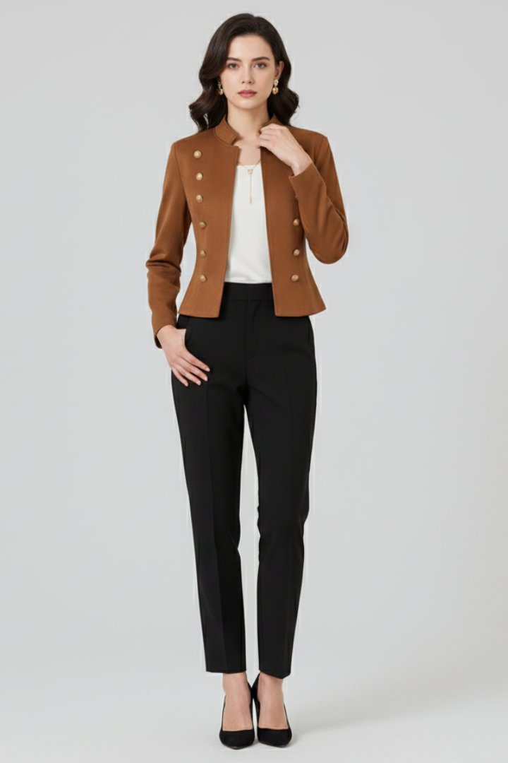 Women's Stand Collar Button Blazer | Military Double-Breasted Fit Front