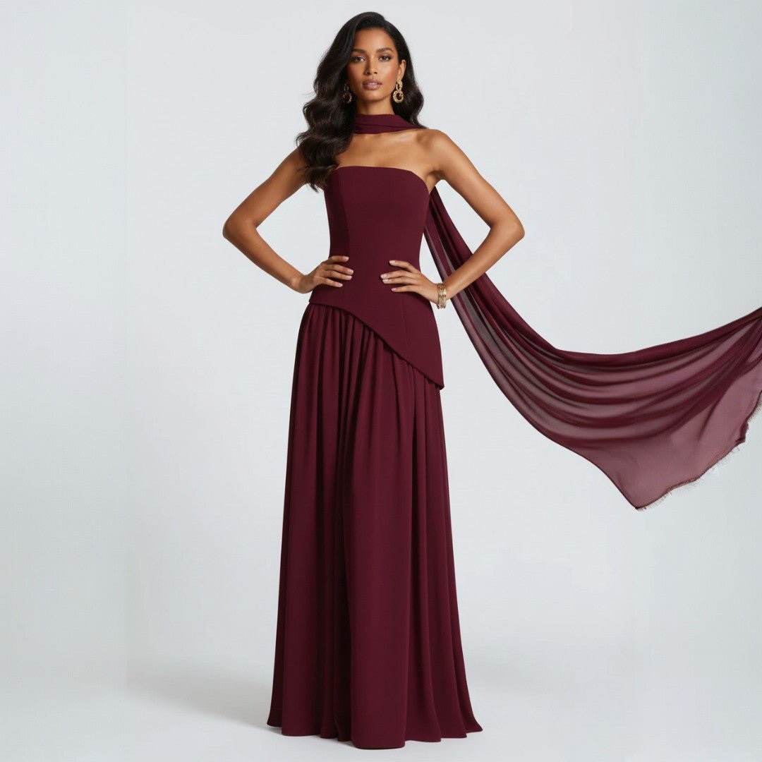 Women's Strapless A-Line Maxi Dress | Shawl with Asymmetric Peplum Hem Hero