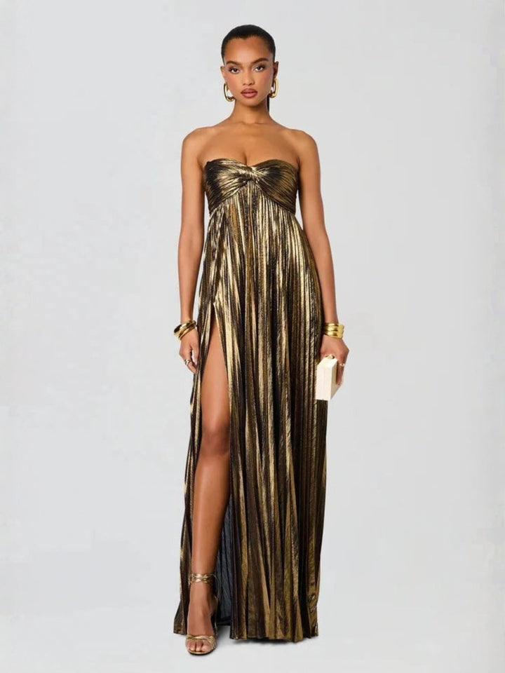 Women's Strapless Maxi Dress | Wedding Guest Twisted Bodice Leg Split Close Up
