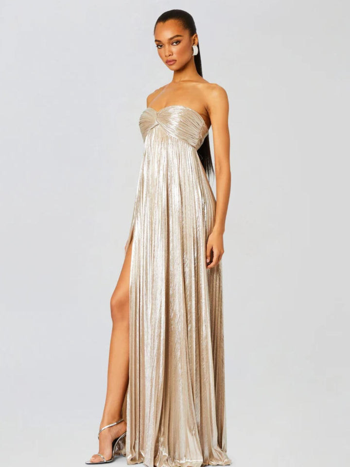 Women's Strapless Maxi Dress | Wedding Guest Twisted Bodice Leg Split Detail