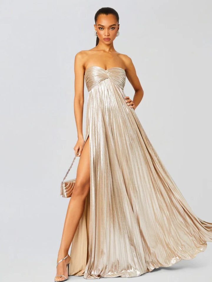 Women's Strapless Maxi Dress | Wedding Guest Twisted Bodice Leg Split Front