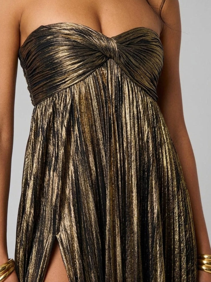 Women's Strapless Maxi Dress | Wedding Guest Twisted Bodice Leg Split Full
