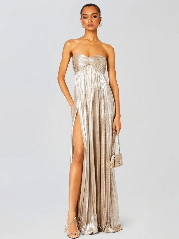 Women's Strapless Maxi Dress | Wedding Guest Twisted Bodice Leg Split Hero