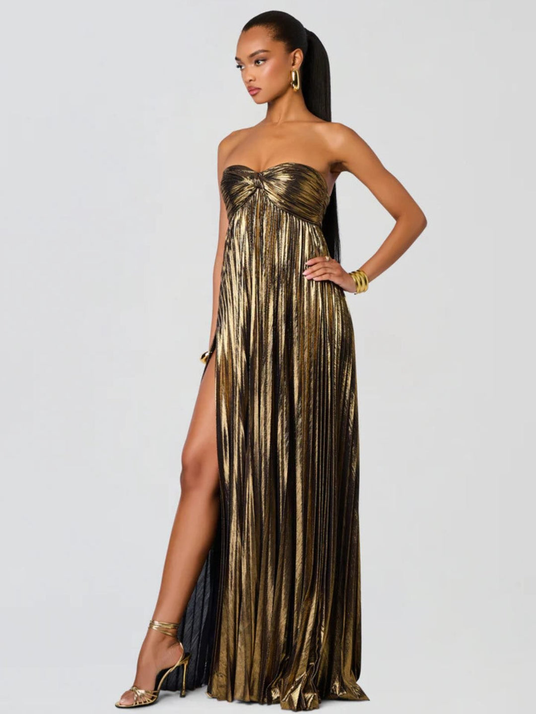 Women's Strapless Maxi Dress | Wedding Guest Twisted Bodice Leg Split Lifestyle