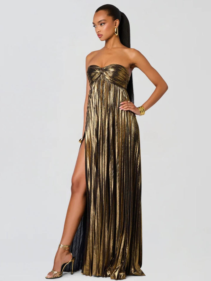Women's Strapless Maxi Dress | Wedding Guest Twisted Bodice Leg Split Lifestyle