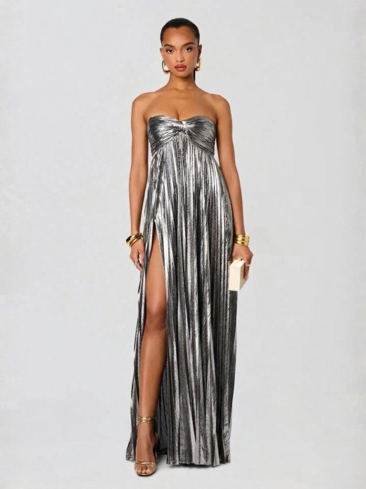 Women's Strapless Maxi Dress | Wedding Guest Twisted Bodice Leg Split View 12