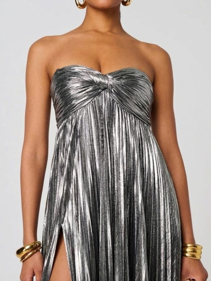 Women's Strapless Maxi Dress | Wedding Guest Twisted Bodice Leg Split View 13