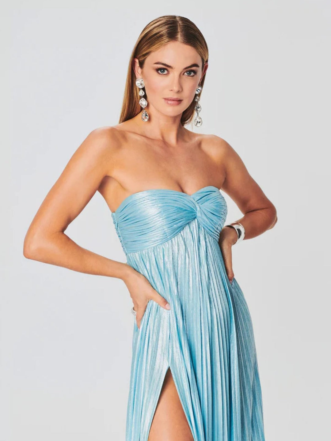 Women's Strapless Maxi Dress | Wedding Guest Twisted Bodice Leg Split View 15