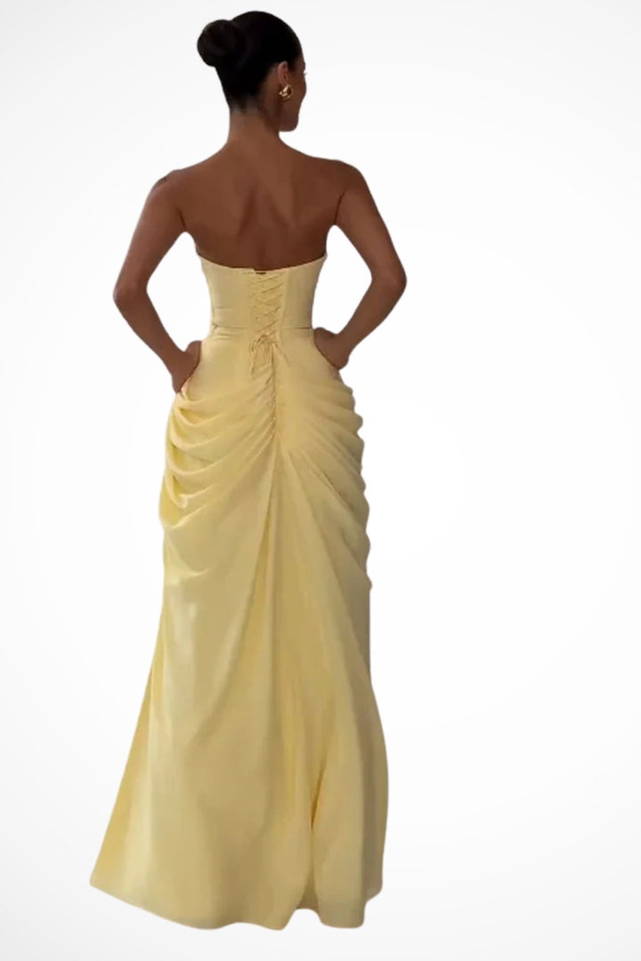 Women's Strapless Ruched Wedding Guest Maxi Dress | Draped Front Slit Back