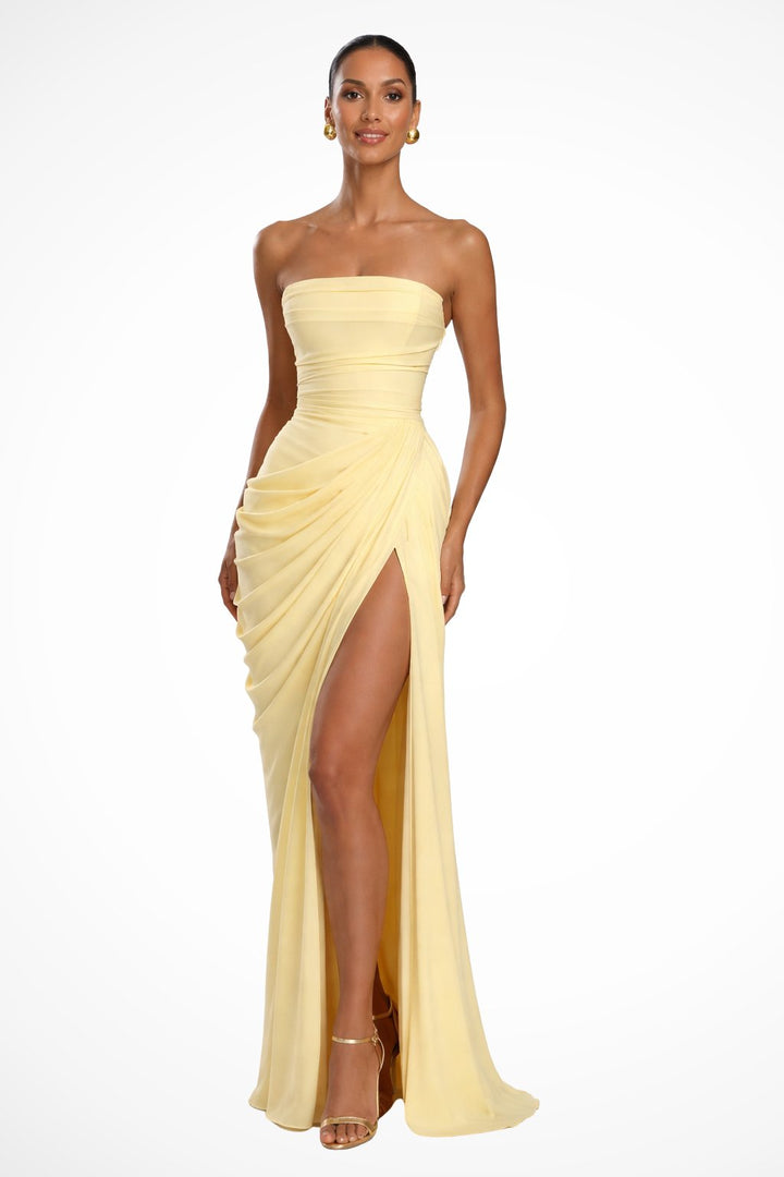 Women's Strapless Ruched Wedding Guest Maxi Dress | Draped Front Slit Side