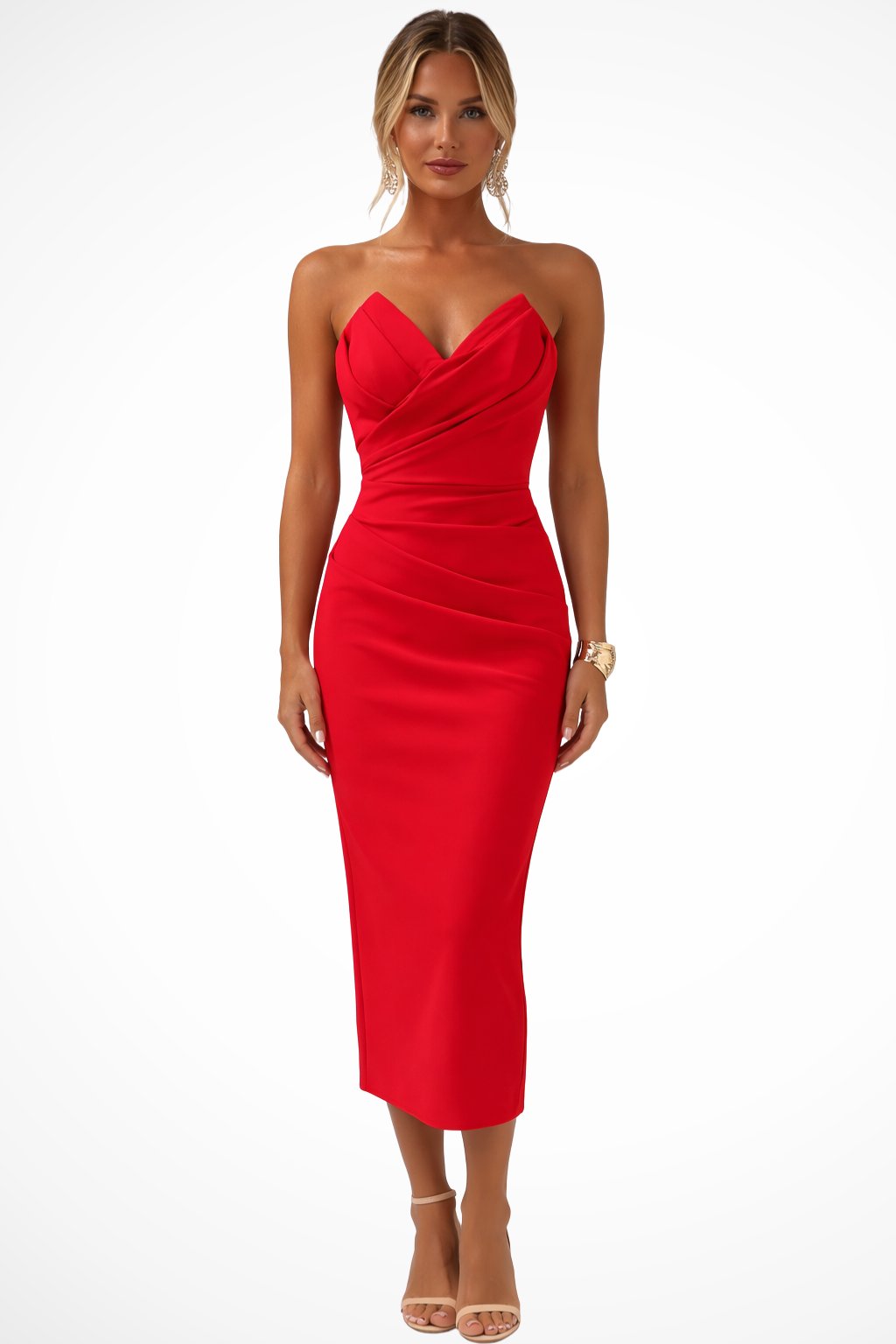 Women's Strapless Sweetheart Ruched Midi Dress | Fitted Bodice Detail Angle