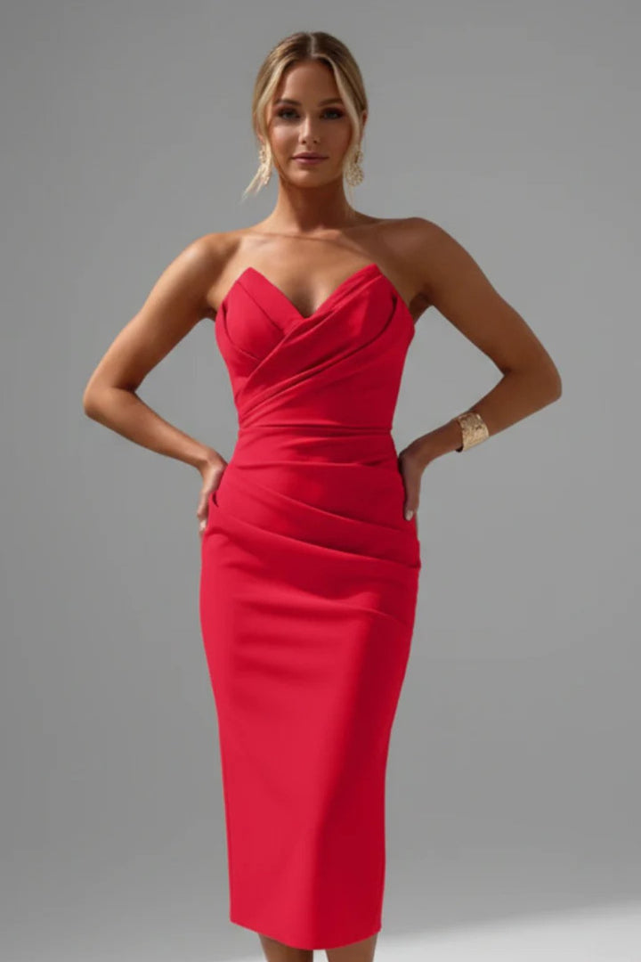 Women's Strapless Sweetheart Ruched Midi Dress | Fitted Bodice Detail Full