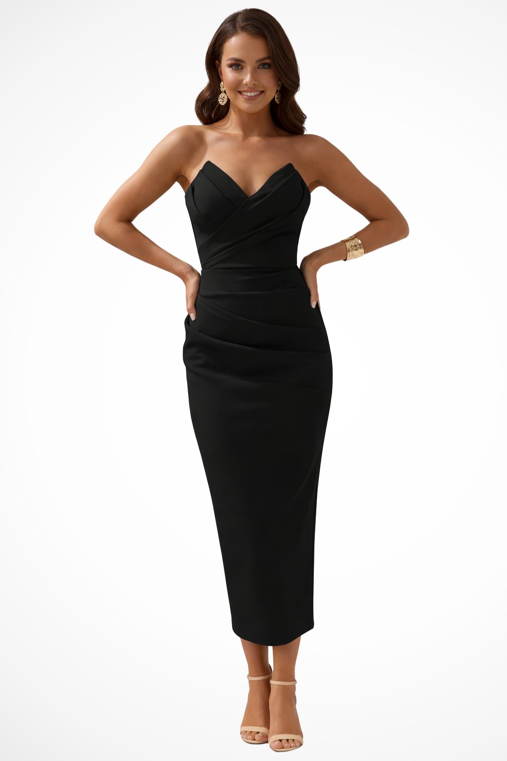 Women's Strapless Sweetheart Ruched Midi Dress | Fitted Bodice Detail View 12