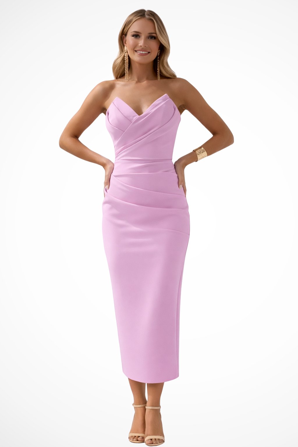 Women's Strapless Sweetheart Ruched Midi Dress | Fitted Bodice Detail View 14