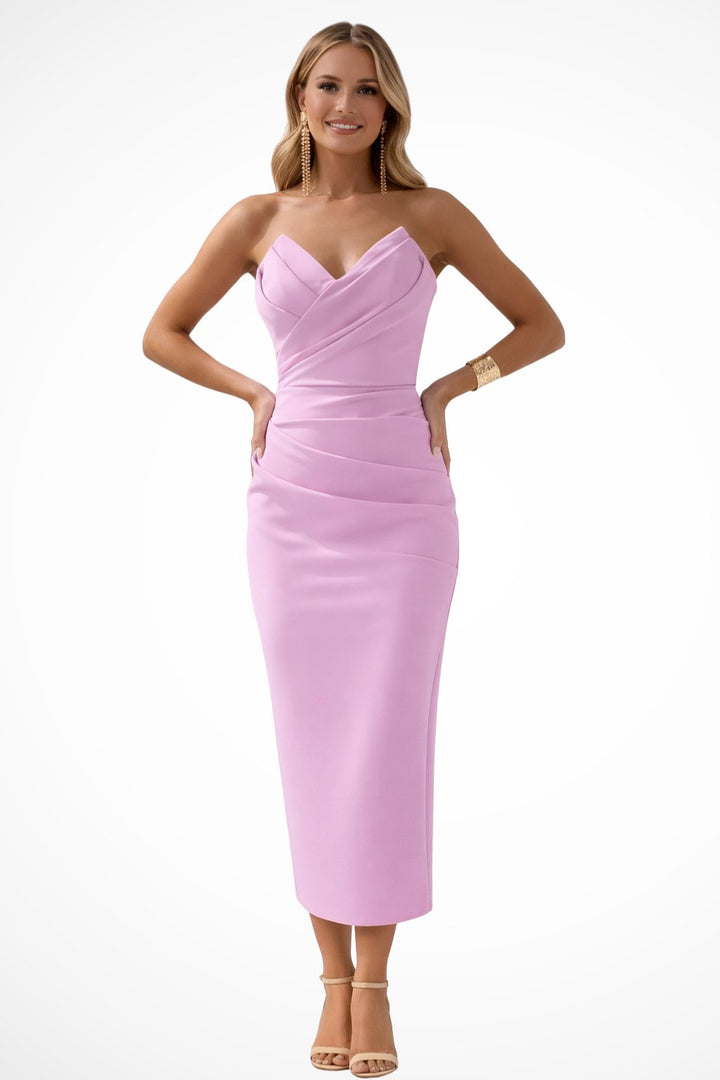 Women's Strapless Sweetheart Ruched Midi Dress | Fitted Bodice Detail View 14