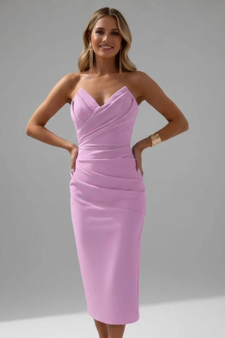 Women's Strapless Sweetheart Ruched Midi Dress | Fitted Bodice Detail View 15