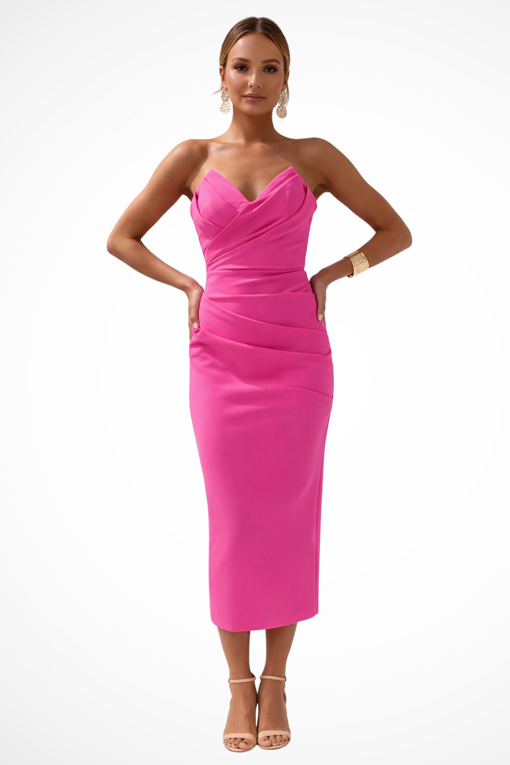 Women's Strapless Sweetheart Ruched Midi Dress | Fitted Bodice Detail View 16