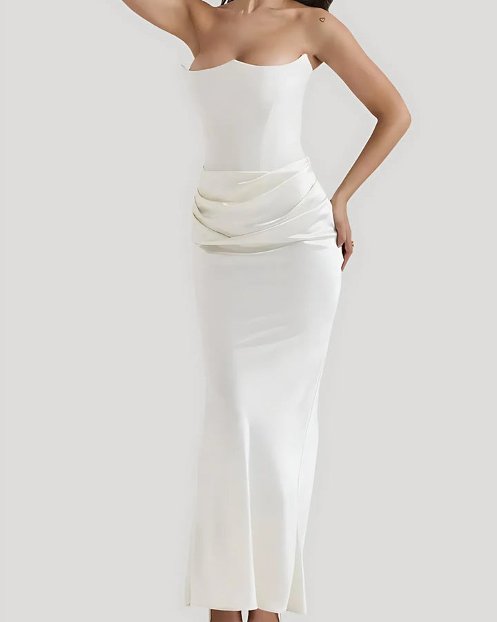 Women's Strapless Wedding Guest Maxi Dress | Draped Hip Ruching Angle
