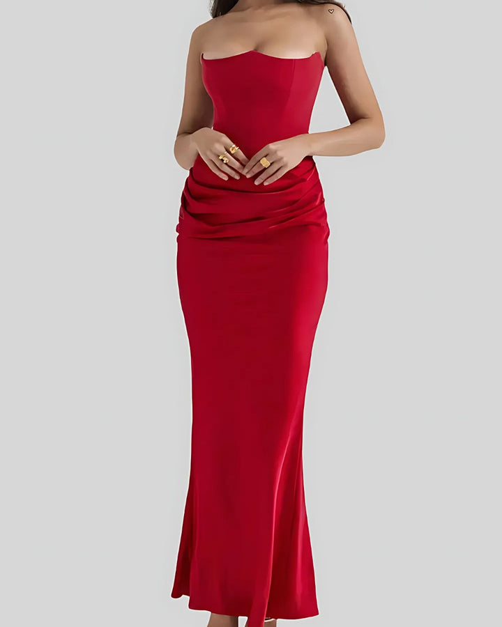 Women's Strapless Wedding Guest Maxi Dress | Draped Hip Ruching Back