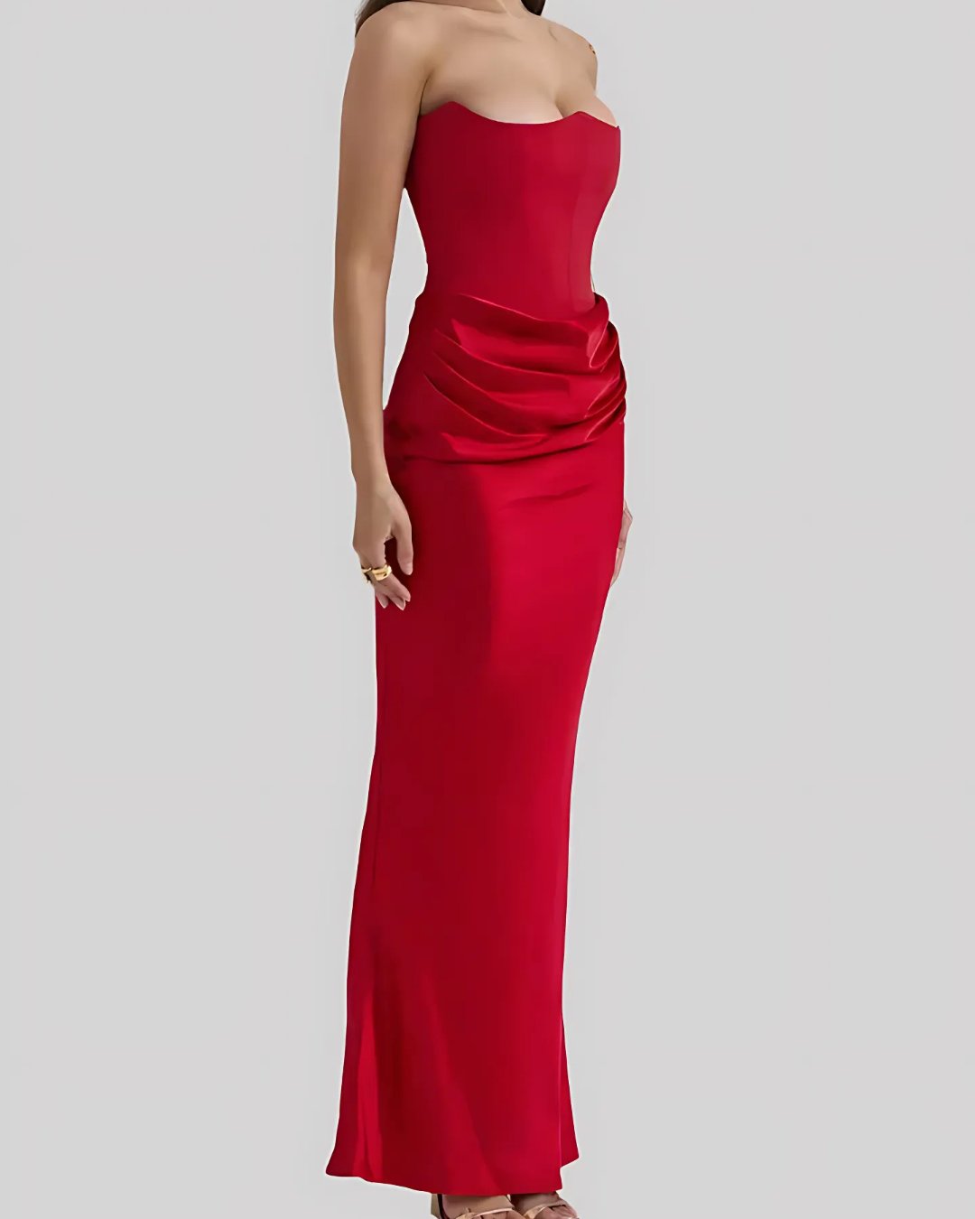 Women's Strapless Wedding Guest Maxi Dress | Draped Hip Ruching Close Up