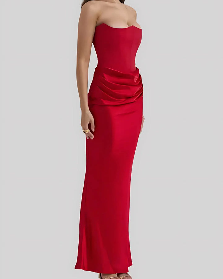 Women's Strapless Wedding Guest Maxi Dress | Draped Hip Ruching Close Up