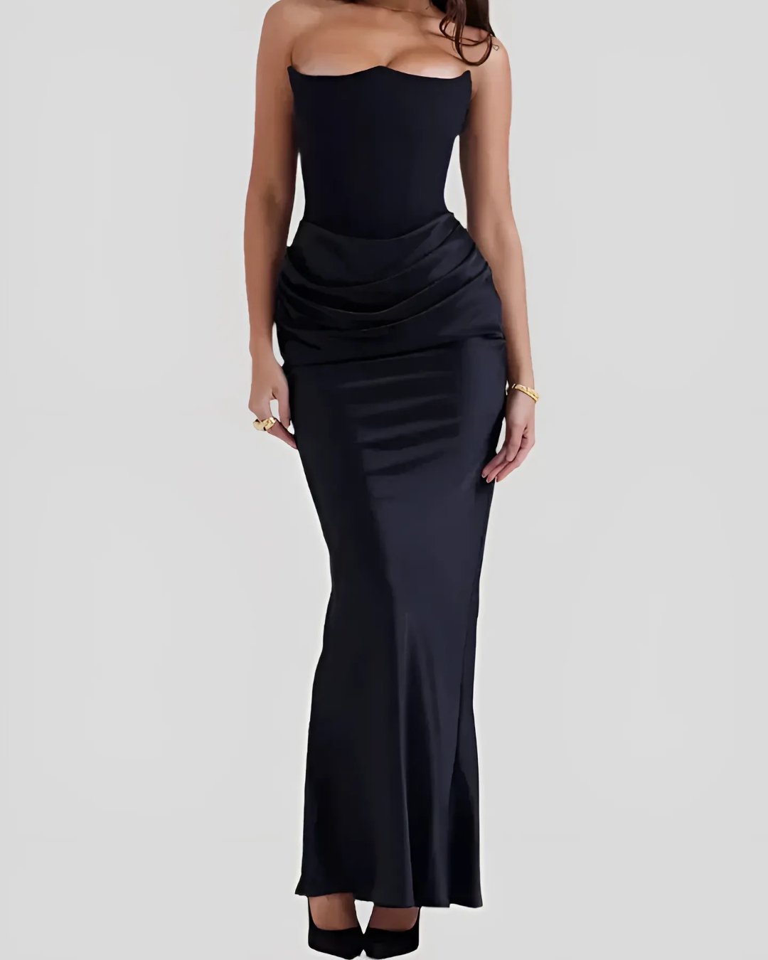 Women's Strapless Wedding Guest Maxi Dress | Draped Hip Ruching Detail