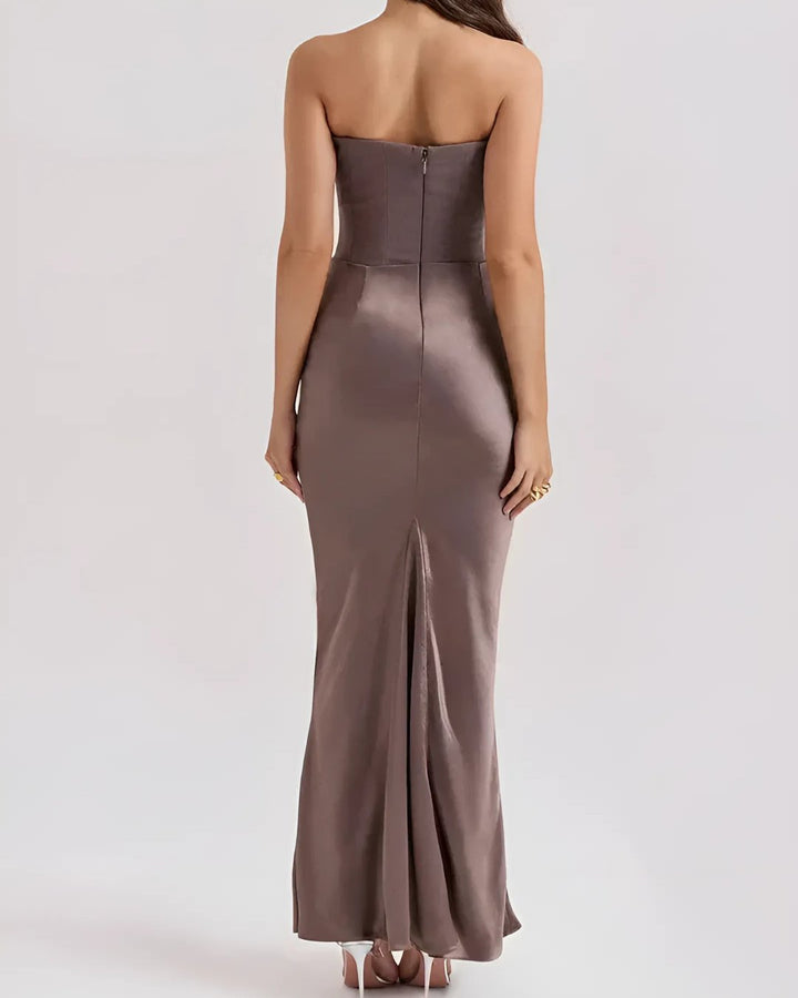 Women's Strapless Wedding Guest Maxi Dress | Draped Hip Ruching Front