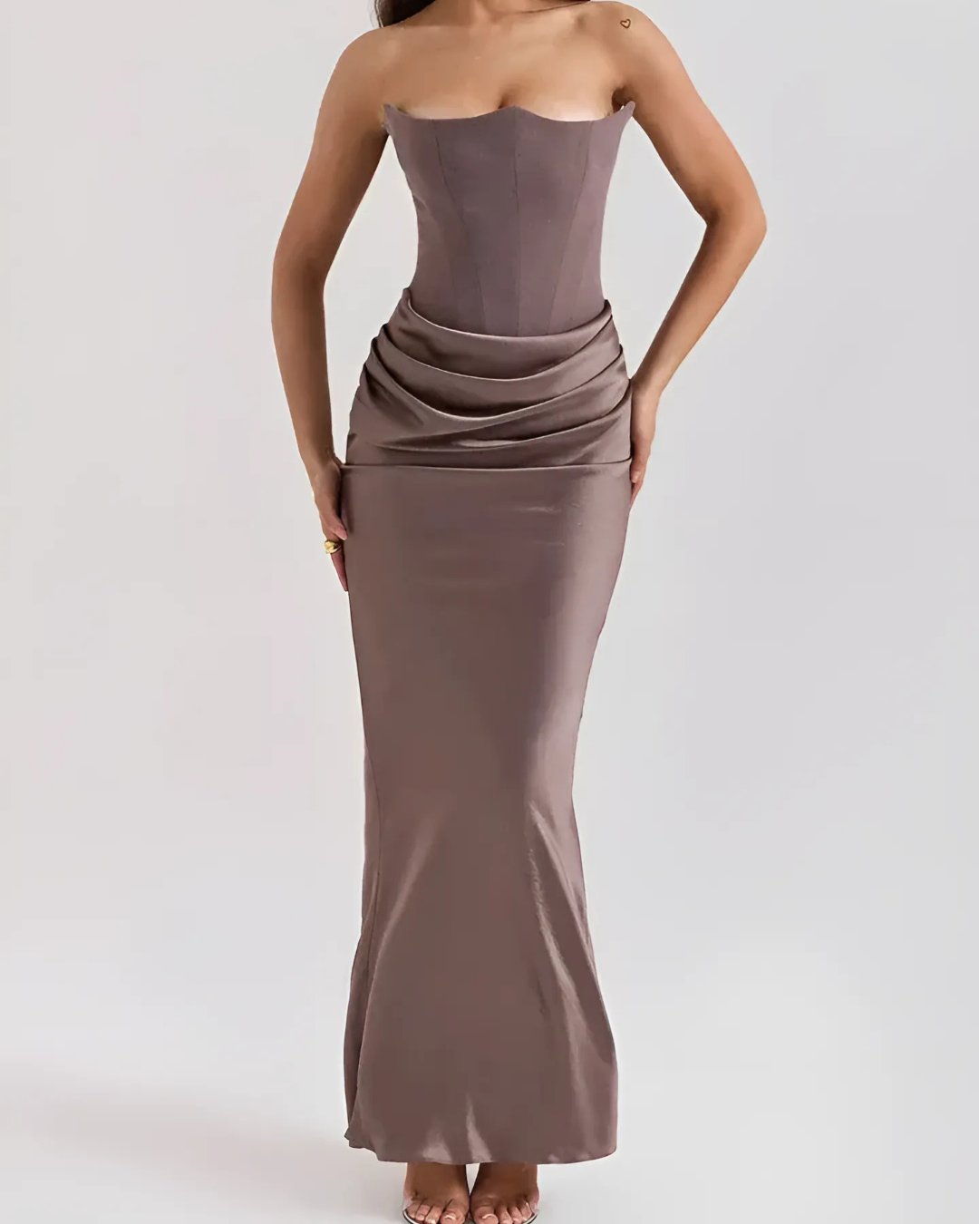 Women's Strapless Wedding Guest Maxi Dress | Draped Hip Ruching Hero