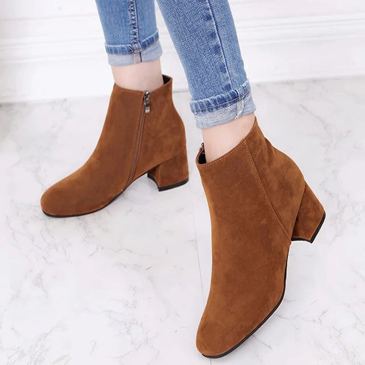 Women's Suede Ankle Boots | Block Heel with Side Zip Front