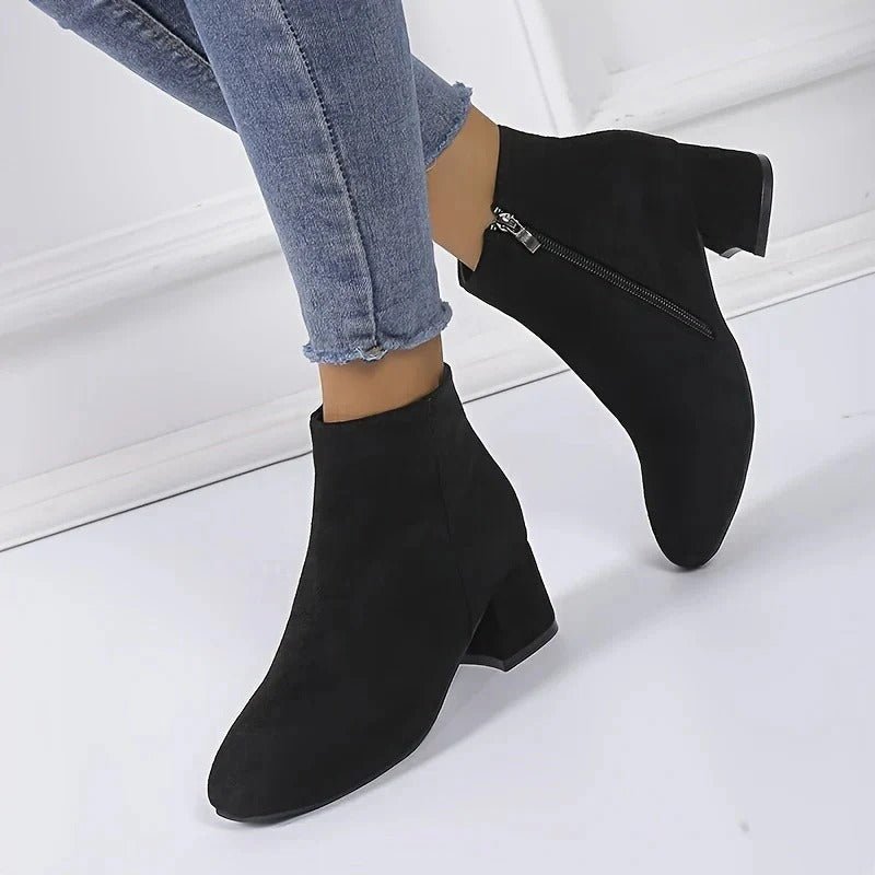 Women's Suede Ankle Boots | Block Heel with Side Zip Side