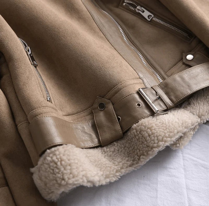 Women's Suede Aviator Jacket | Sherpa Lined Moto Lapel Back