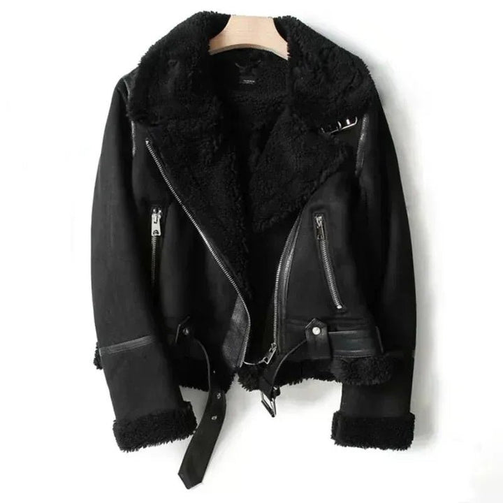 Women's Suede Aviator Jacket | Sherpa Lined Moto Lapel Close Up