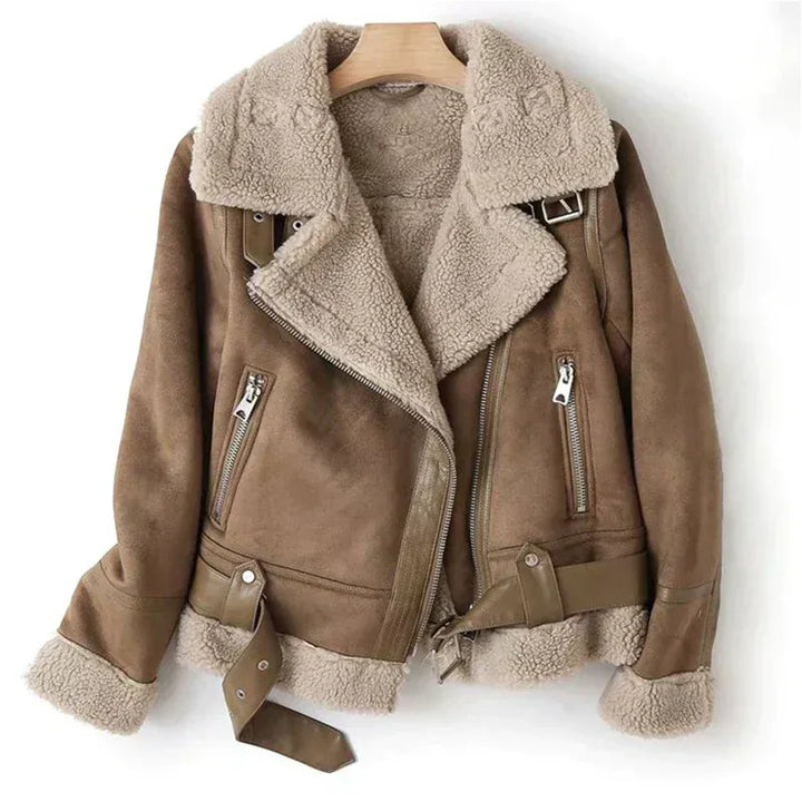 Women's Suede Aviator Jacket | Sherpa Lined Moto Lapel Front
