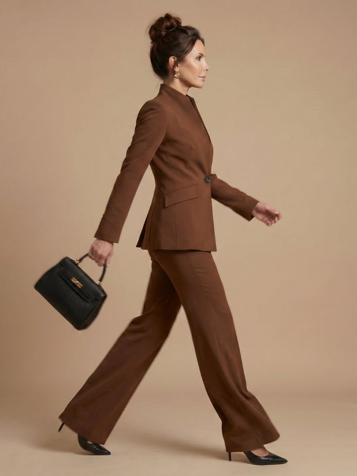 Women's Tailored Suit | Structured Stand Collar Flared Trousers Angle